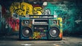 Retro old design ghetto blaster boombox radio cassette tape recorder from 1980s in a grungy graffiti covered room.music blaster