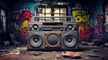 Retro old design ghetto blaster boombox radio cassette tape recorder from 1980s in a grungy graffiti covered room.music blaster Royalty Free Stock Photo