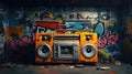 Retro old design ghetto blaster boombox radio cassette tape recorder from 1980s in a grungy graffiti covered room.music blaster