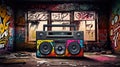 Retro old design ghetto blaster boombox radio cassette tape recorder from 1980s in a grungy graffiti covered room.music blaster