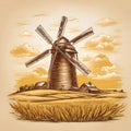 Old farm buildings, rural landscape and windmill
