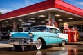 Retro old-fashioned car at gas station. Generative AI