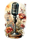 Retro old free-standing microphone with pretty flowers Royalty Free Stock Photo