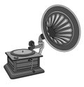 Retro old gramophone, black and white illustration