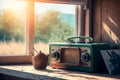 Retro old radio stands on a wooden table near the window. World Radio Day.