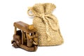 Retro Old Toy Tricycle Obsolete Wooden and Small linen bag.