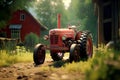 Retro old tractor, red color 3d game green environment screenshoot