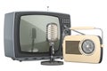 Retro old TV set, FM radio receiver and microphone. Broadcasting concept. 3D rendering Royalty Free Stock Photo