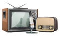 Retro old TV set, radio receiver and microphone. Broadcasting concept. 3D rendering Royalty Free Stock Photo