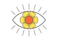 Retro open eye with daisy flower. Psychedelic groovy hippie style bizarre design. Vintage hippy crazy funky chamomile