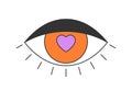 Retro open eye with love heart shape. Psychedelic groovy hippie style bizarre design. Vintage hippy crazy loving look