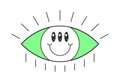 Retro open eye with smiley face. Psychedelic groovy hippie style bizarre design. Vintage hippy crazy funny smile pupil