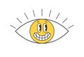 Retro open eye with smiley face. Psychedelic groovy hippie style bizarre design. Vintage hippy crazy funny smiling pupil