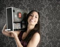 Retro open reel tape recorder brunette Dj Royalty Free Stock Photo