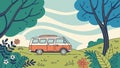Retro Orange Camper Van Forest Scene, vector design Generative AI Royalty Free Stock Photo
