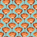 Retro Orange Florals on Aqua Background Vector Seamless Pattern