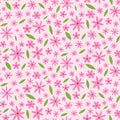 Simple Retro Pink flowers with green leaves seamless pattern on light pink background.