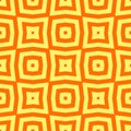 Retro op art orange and yellow wavy psychedelic lines and squares seamless pattern