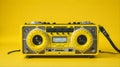 Retro outdated portable stereo boombox radio cassette recorder from 80s front yellow background.