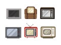 Retro Outdated Tv or Television Transmission Device with Screen and Antenna Vector Set