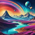 A retro outer space with colorful swirling and futuristic taking viewers on an intergalactic adventure filled with