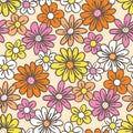 Retro Palette Hand Drawn Felt Tip Pen Daisies Floral Vector Seamless Pattern