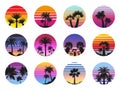 Retro palm tree sunrise. Exotic abstract landscape, vintage style summer beach badges. Decorative palms silhouettes