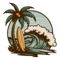 Retro Palm Tree and Surfboard Logo with Wave Royalty Free Stock Photo