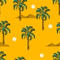 Retro Palm trees and island mountain pixle in vector illustration. Design for fashion , fabric, web ,wallpaper, wrapping and all