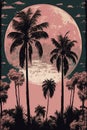 Retro Palm Trees and Pink Full Moon Background for Scrapbooking.