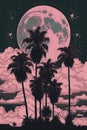 Retro Palm Trees and Pink Full Moon Background for Scrapbooking.