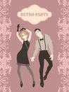 Retro party card, man and woman dressed in 1920s style dancing, flapper girls handsome guy in vintage suit, twenties, vector Royalty Free Stock Photo