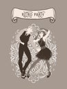 Retro party card, man and woman dressed in 1920s style dancing, flapper girls handsome guy in vintage suit, twenties, vector Royalty Free Stock Photo