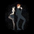 Retro party card, man and woman dressed in 1920s style dancing, flapper girls handsome guy in vintage suit, twenties, vector Royalty Free Stock Photo