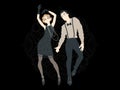 Retro party card, man and woman dressed in 1920s style dancing, flapper girls handsome guy in vintage suit, twenties, vector Royalty Free Stock Photo