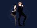 Retro party card, man and woman dressed in 1920s style dancing, flapper girls handsome guy in vintage suit, twenties, vector Royalty Free Stock Photo