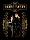 Retro party card, man and woman dressed in 1920s style dancing, flapper girls handsome guy in vintage suit, twenties, vector Royalty Free Stock Photo