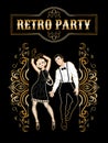 Retro party card, man and woman dressed in 1920s style dancing, flapper girls handsome guy in vintage suit, twenties, vector Royalty Free Stock Photo