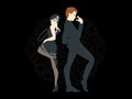 Retro party card, man and woman dressed in 1920s style dancing, flapper girls handsome guy in vintage suit, twenties, vector Royalty Free Stock Photo