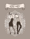 Retro party card, man and woman dressed in 1920s style dancing, flapper girls handsome guy in vintage suit, twenties, vector Royalty Free Stock Photo