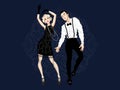 Retro party card, man and woman dressed in 1920s style dancing, flapper girls handsome guy in vintage suit, twenties, vector Royalty Free Stock Photo