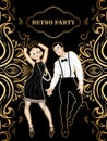 Retro party card, man and woman dressed in 1920s style dancing, flapper girls handsome guy in vintage suit, twenties, vector Royalty Free Stock Photo