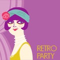 Retro party invitation card. Vintage flapper girl in 1920s style fashion dress and long beads. Vector retro woman with dark hair