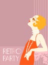 Retro party invitation design template. Vintage flapper girl in 1920s style fashion red dress and long beads. Vector retro woman