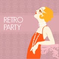 Retro party invitation design template. Vintage flapper girl in 1920s style fashion red dress. Vector retro woman with blond hair