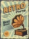 Retro party. Invitation poster with gramophone and vinyl records music vector placard Royalty Free Stock Photo