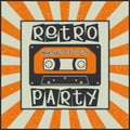 Retro party. Music of 80`s. Vintage advertising poster with a cassette