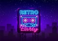 Retro Party neon poster, card or invitation, design template. Retro tape recorder cassettes neon sign, light banner