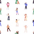 Retro party pattern with fashion people dancing to 80s music. Seamless 1980s disco background. Repeating print, endless Royalty Free Stock Photo