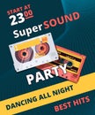 Retro party poster. Music night 90s dance time audio tape cassette vector placard design
